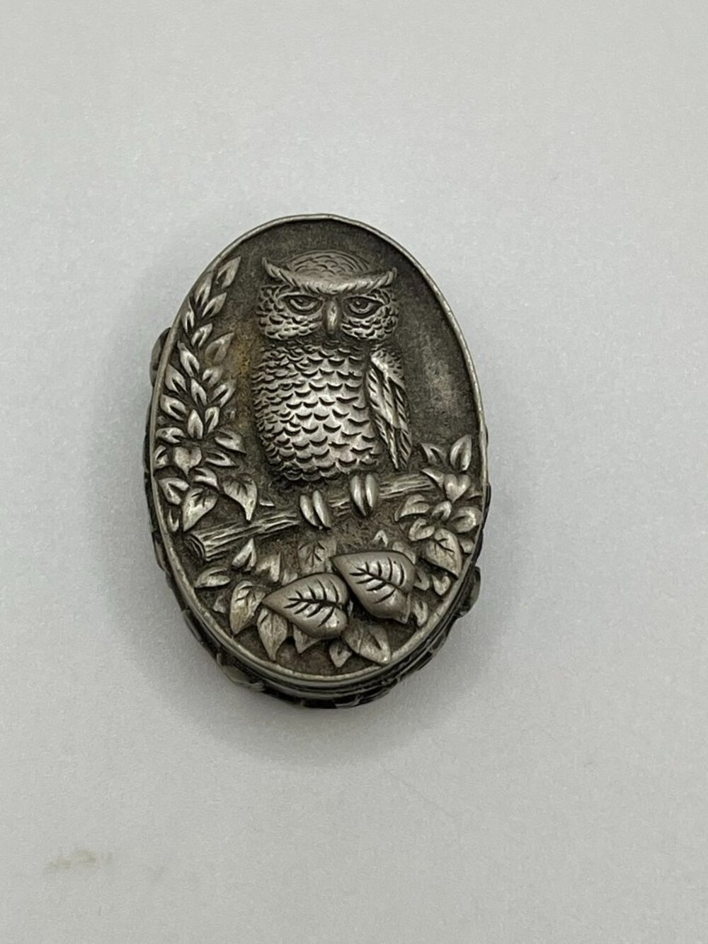 Vintage MS DEE Pewter Owl Brooch Trinket Box with Earrings And Necklace #18